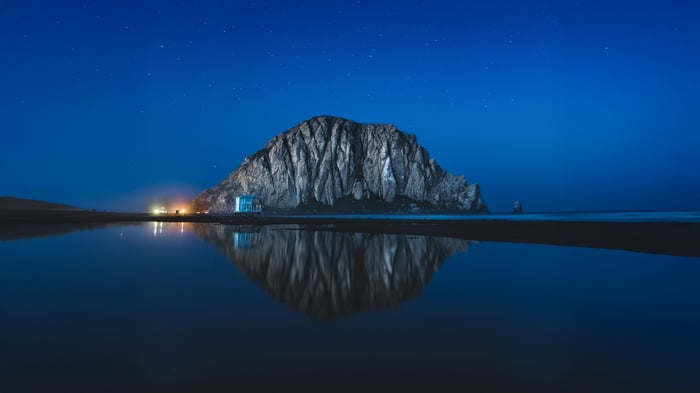 Morro Rock reflected in a lake at night