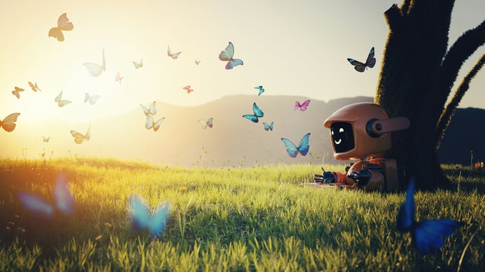 Robot sitting in a field with butterflies