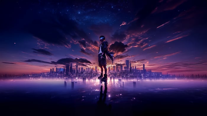 Izuku Midoriya in a futuristic city at sunset