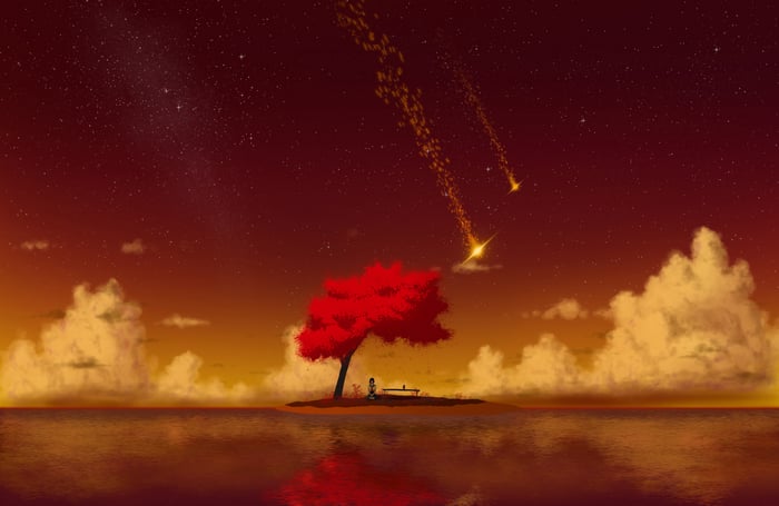 Girl under a red tree watching shooting stars