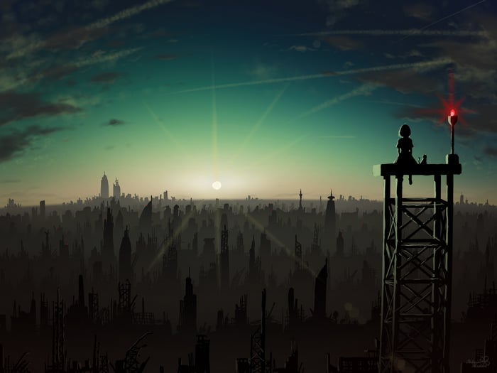 Girl and cat on tower overlooking ruined city at sunset