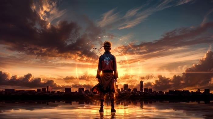 Naruto stands before a city at sunset