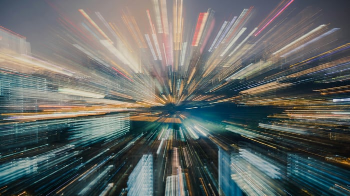 Cityscape with light trails during time lapse photography