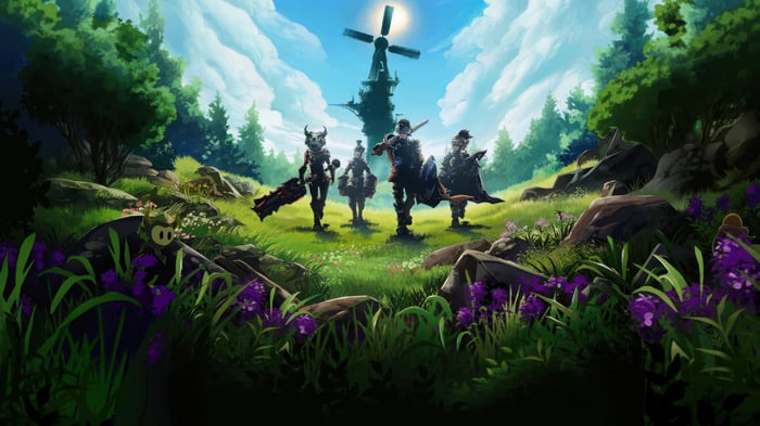 Towerborne characters in a grassy field with a windmill
