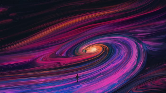 Silhouette walking into a cosmic vortex