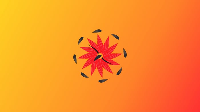 Red flower with black seeds on orange background