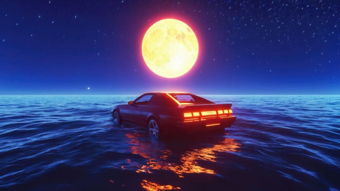 Car Driving on Water Under a Full Moon
