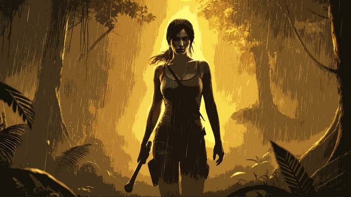 Lara Croft in a jungle during a rainstorm