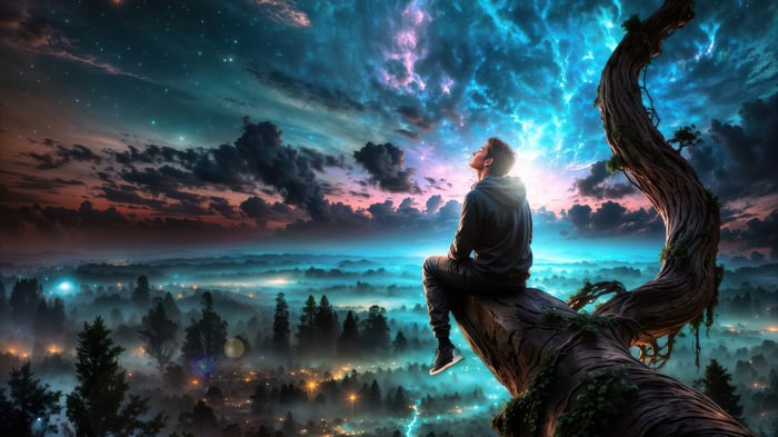 Man sitting on a tree branch looking at the night sky