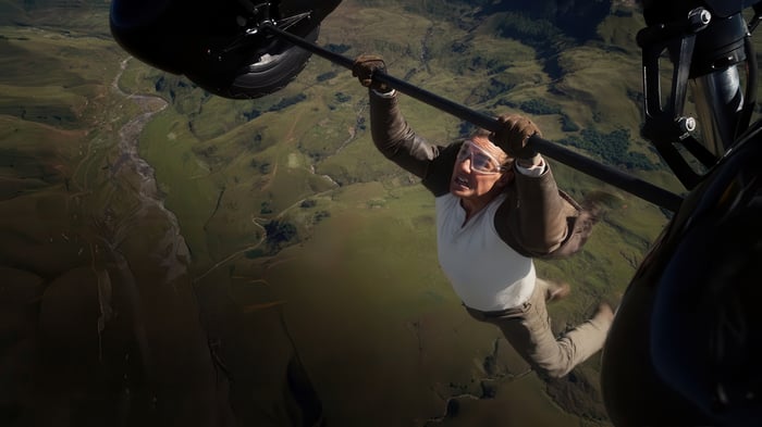 Tom Cruise hanging from a helicopter in Mission Impossible