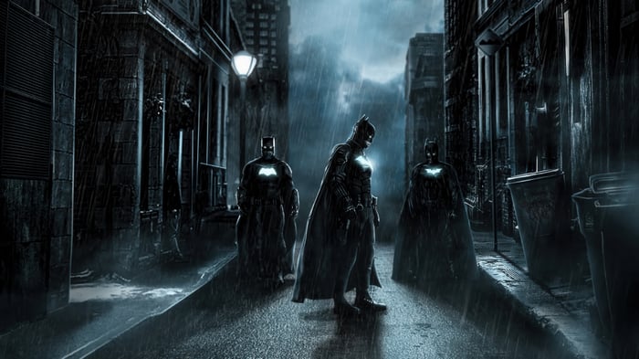 Batman Trio in a Rainy Gotham Alley