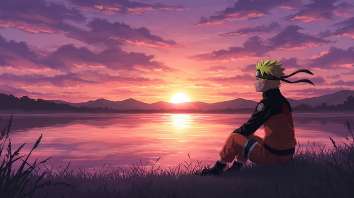 Naruto sitting by a lake at sunset