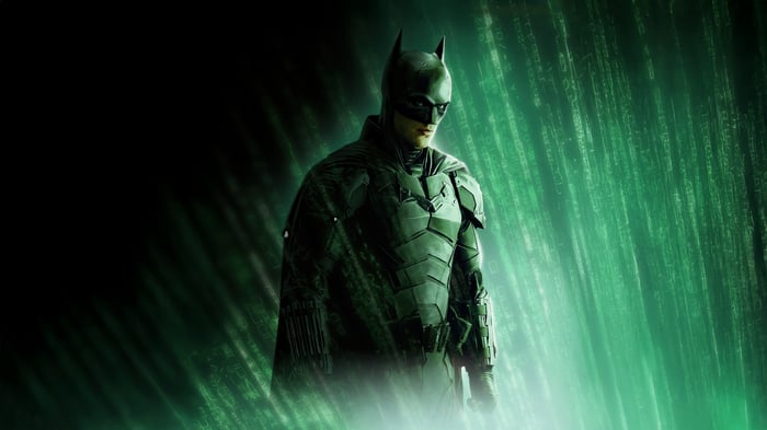 The Batman in a Matrix-like green digital rain