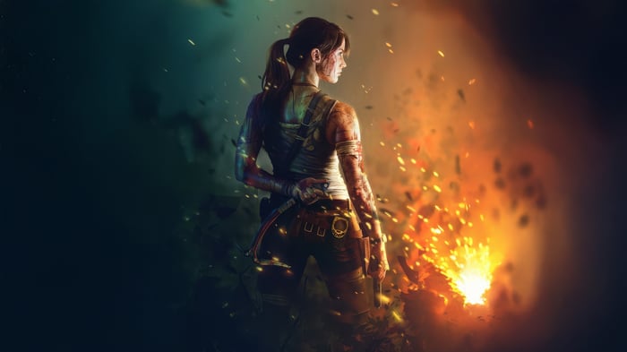 Lara Croft with a flare in Tomb Raider Shadow of the...