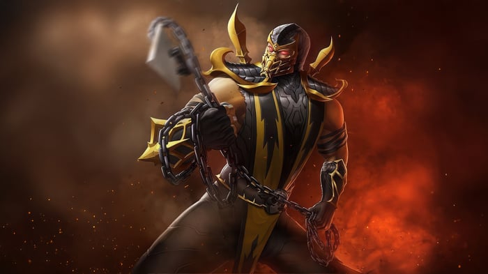 Scorpion from Mortal Kombat holding a chain weapon