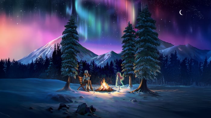 Two figures by a campfire under the aurora borealis