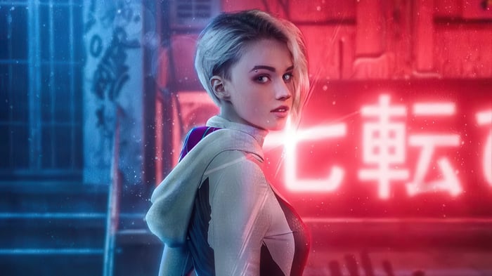 Gwen Stacy in a futuristic city