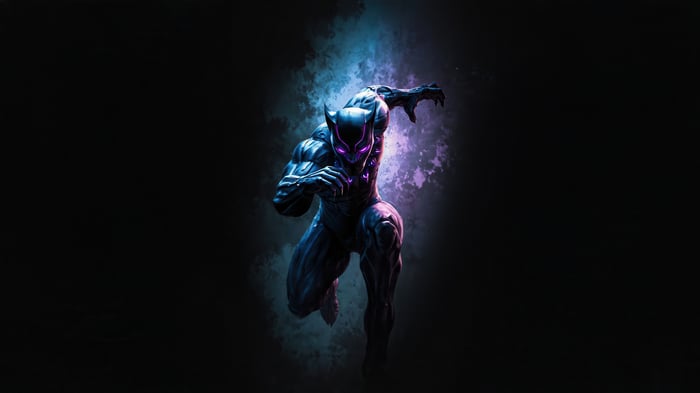Black Panther in a battle stance with purple glow
