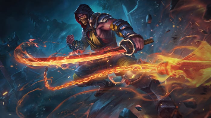 Scorpion from Mortal Kombat with flaming chain weapon