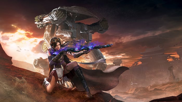 Naraka Bladepoint: Woman with energy rifle and mech