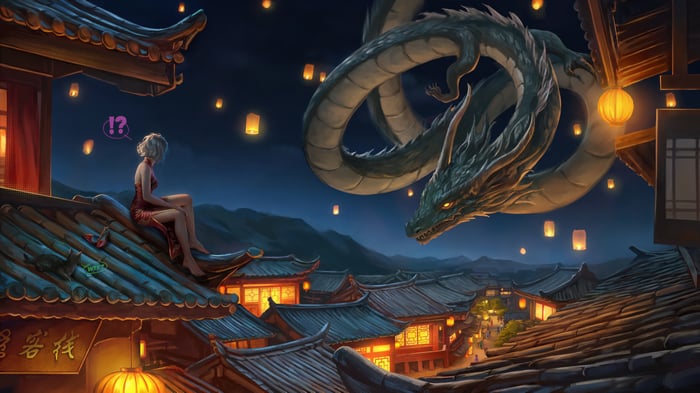 Girl and Dragon over a Chinese Town at Night