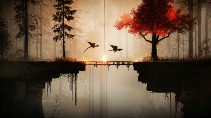 Enchanted Forest Bridge with Flying Creatures