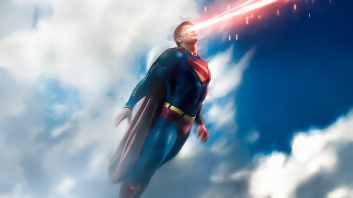 Superman flying and using heat vision