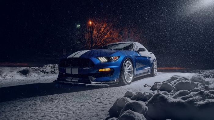 Blue Ford Mustang in Snow at Night