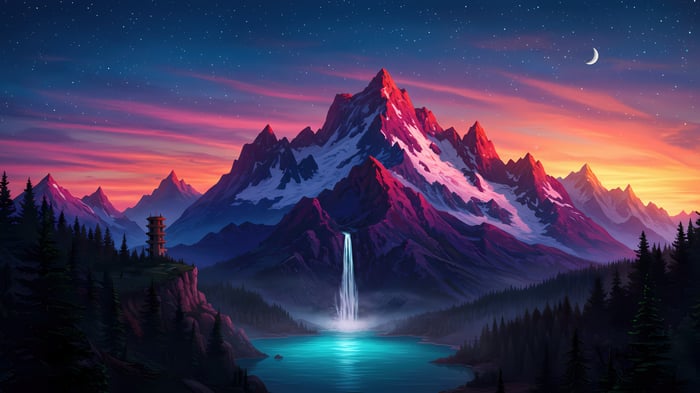 Minimal Waterfall in Mountains Scenery