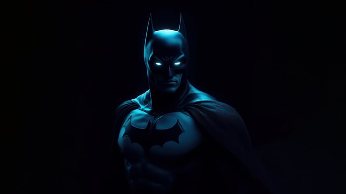 The Batman in the dark with glowing eyes
