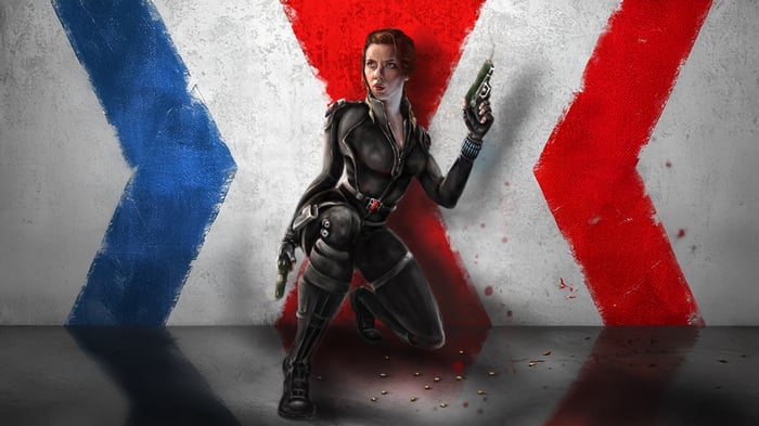 Black Widow in front of a red and blue X