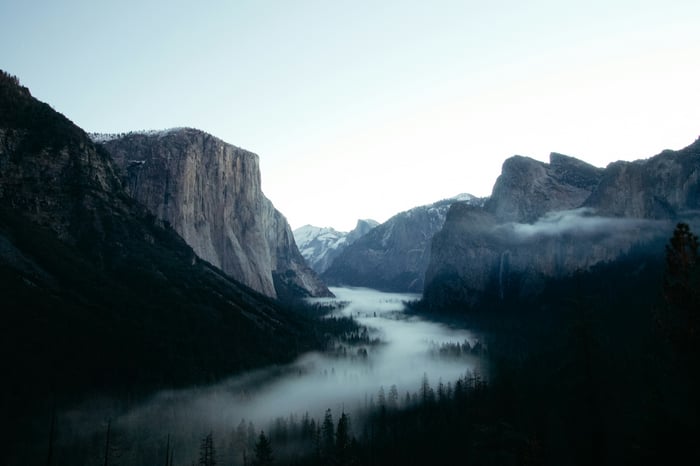 Yosemite Valley with Fog and Snowy Mountains