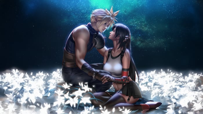 Final Fantasy VII Cloud and Tifa in a field of flowers