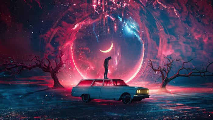 Person Standing on Car in Nebula