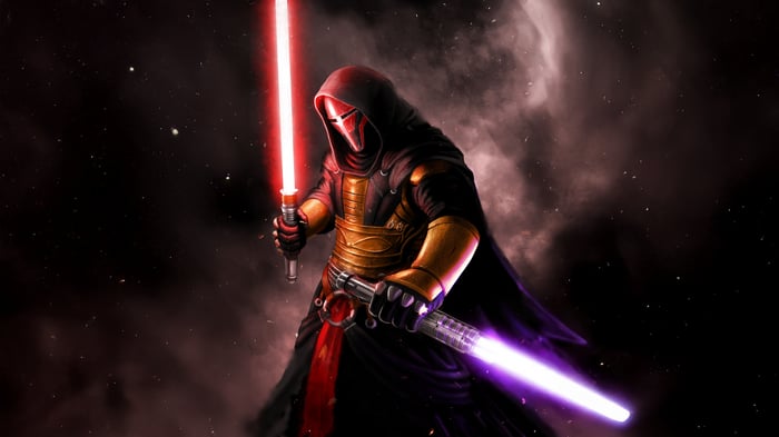 Darth Revan with two lightsabers in space