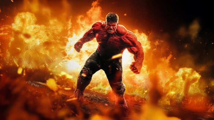 Red Hulk in front of an explosion