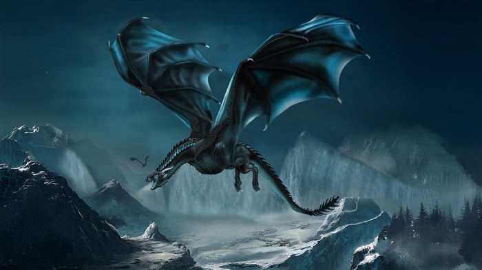 Ice Dragon flying over snowy mountains