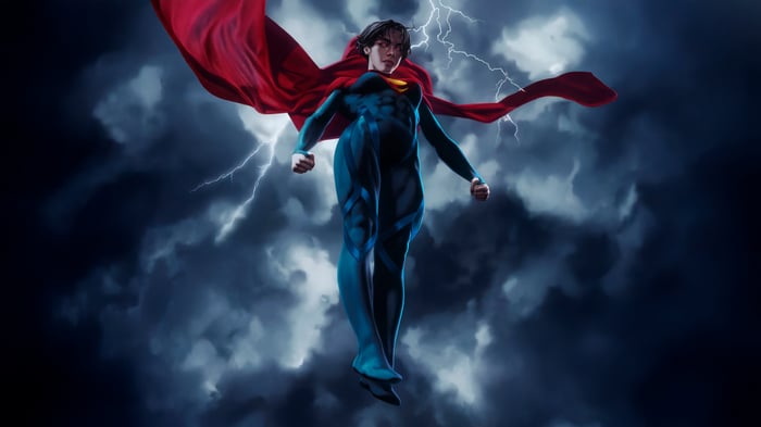 Supergirl flying through a stormy sky
