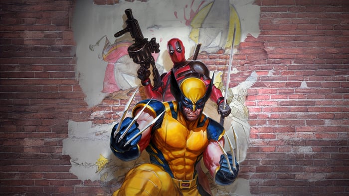 Deadpool and Wolverine on a brick wall