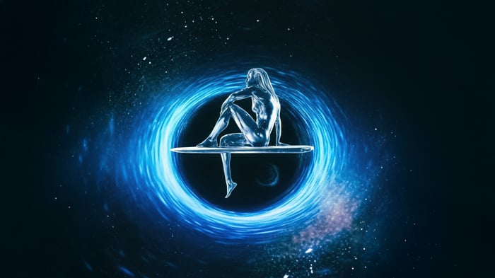 Julia Garner as Silver Surfer in front of a black hole