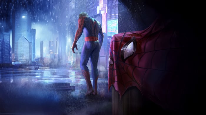 Spider-Man walking alone in the rain