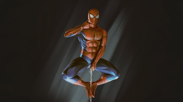 Spider-Man swinging on a web