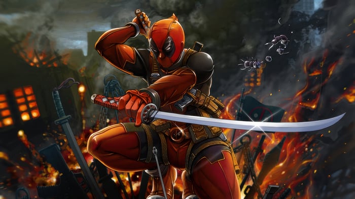 Deadpool in a battle with swords
