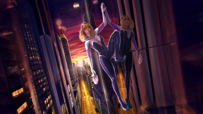 Gwen Stacy in a city at sunset