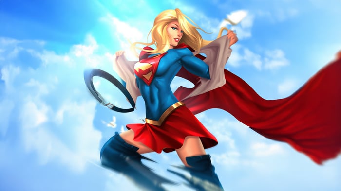 Supergirl in a blue costume flying in the sky