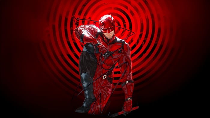 Daredevil in Red Suit with Red Circles Background