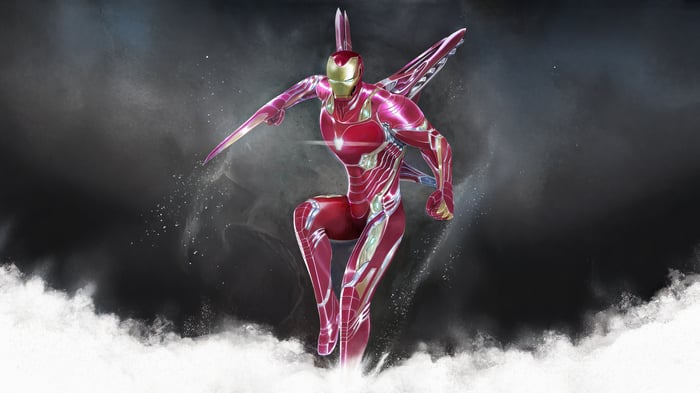Iron Man in battle-ready pose with wings