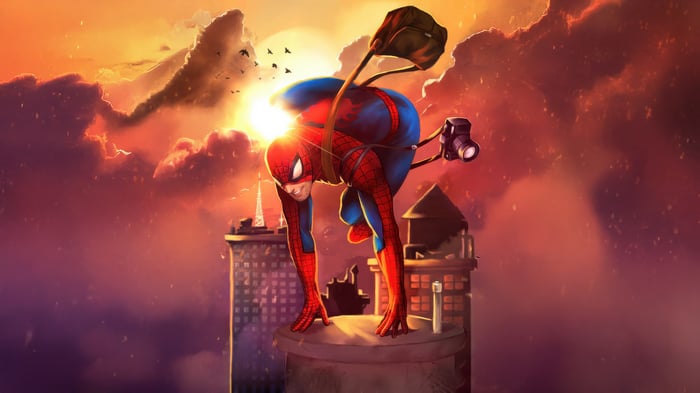 Spider-Man on a rooftop at sunset