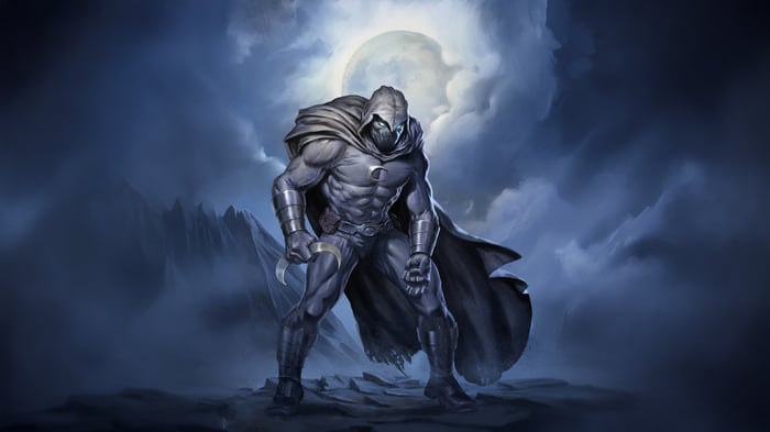 Moon Knight standing in front of a full moon