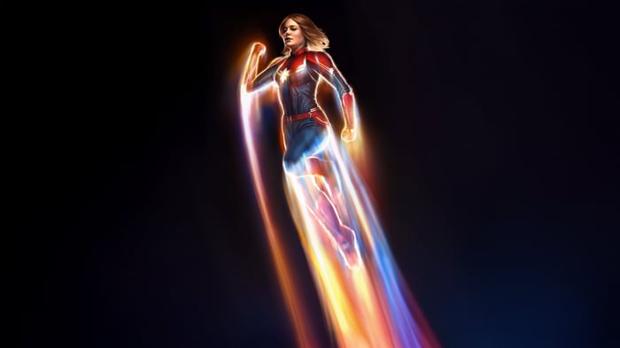 Captain Marvel Flying with Energy Trails